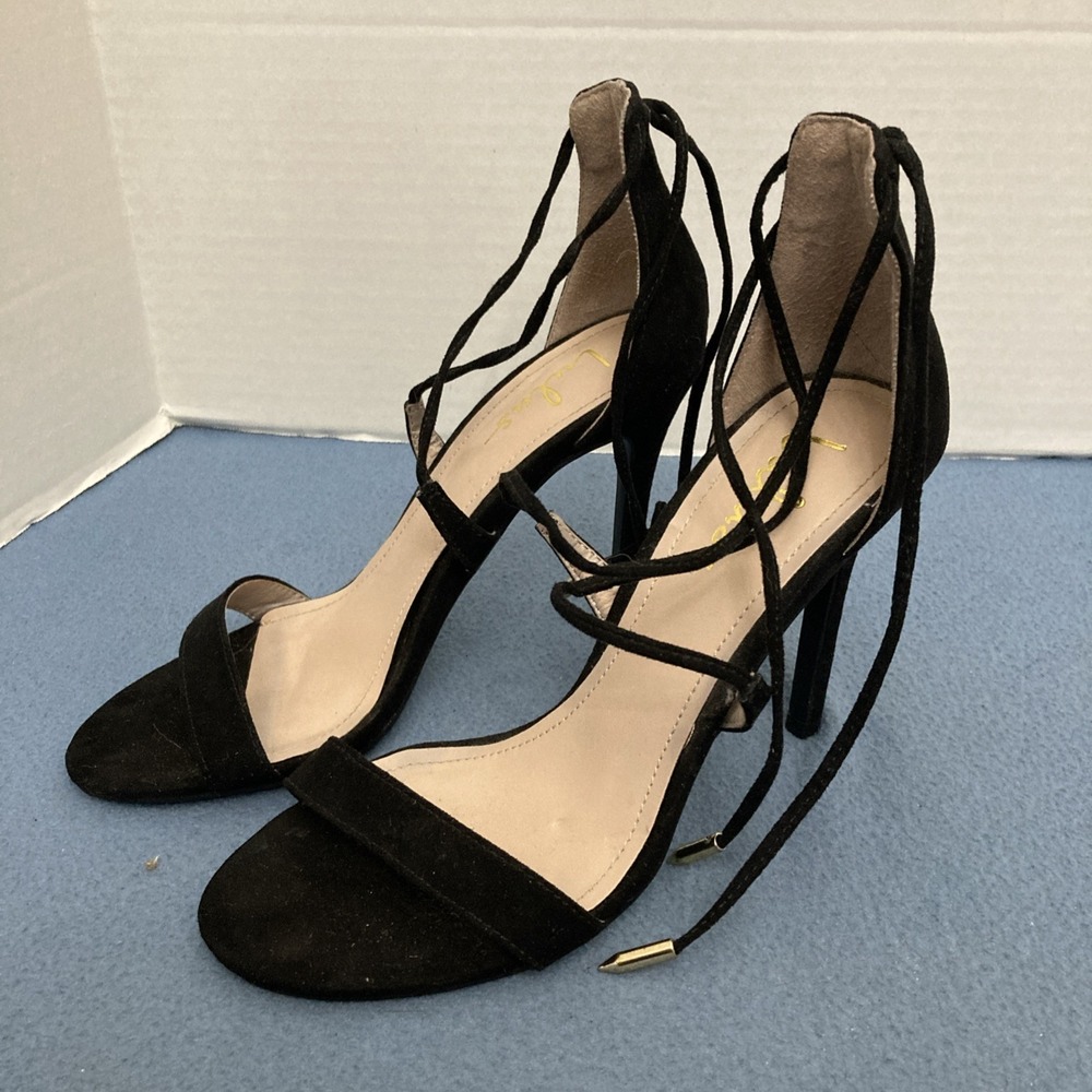 Lulus Black Faux Suede Criss Cross Strappy Stiletto Open Toe Heels - SZ 7